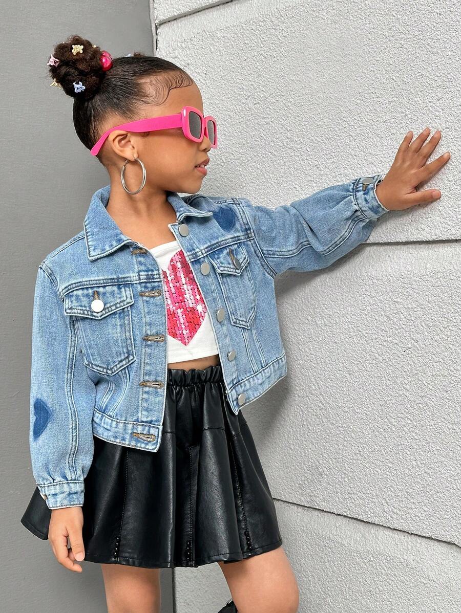 SHEIN Explorewe Young Girls Washed Light Blue Denim Jacket With Heart Shadow Design, Casual & Fashionable - Medium Wash - View 1