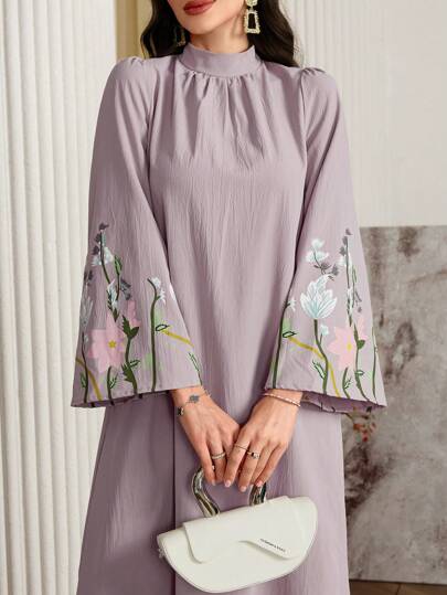 Al Najma 女式花卉印花立领长袖休闲宽松朴素连衣裙，优雅束腰阿拉伯朴素连衣裙，适合日常休闲/旅行/度假/休假