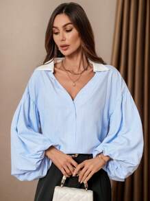 SHEIN Privé Women's Elegant Resort & Office Stylish Lantern Sleeve Button V-Neck Polka Dot Print White Shirt Old Money Quiet Luxury Fall Clothes Work Women Blouses Fall Blouses. White Collar Shirt