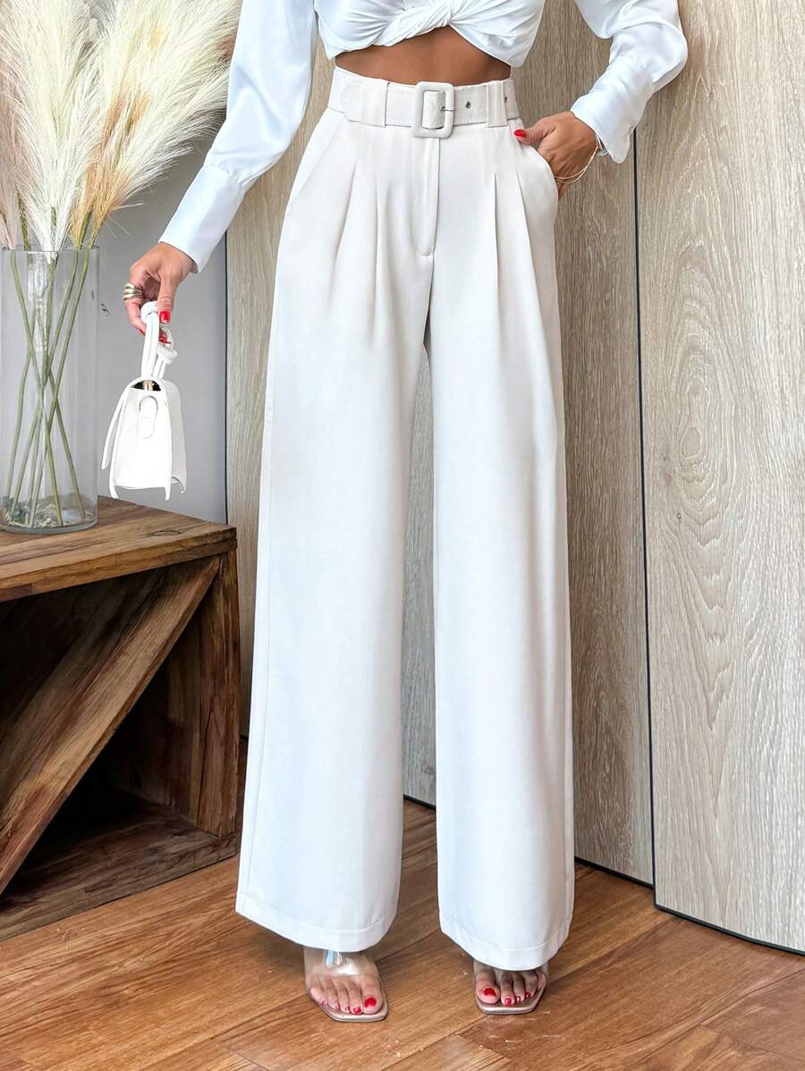 RueChic Pantalones rectos de cintura alta de unicolor para mujer con detalle de cinturón - Beis - Ver 1
