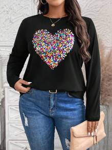 EMERY ROSE Plus Size Casual T-Shirt With Sequin Heart Decor, Spring & Autumn Winter Clothes - Black - View 6