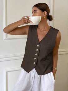 Livesso Women's Solid Color Fitted V-Neck Sleeveless Blazer Linen,Fall Clothes Business Attire - Brown - View 5