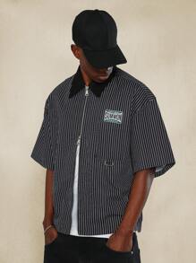 SUMWON Boxy Fit Zip Through Pinstripe Shirt With Back Embroidery - Black and White - View 3