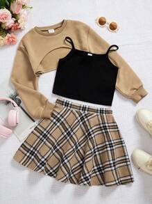 SHEIN Bộ 3 món Áo nỉ cổ tròn màu trơn cho bé gái, Áo ba lỗ trơn và Chân váy ngắn kẻ caro dệt - Màu Khaki - Xem 2