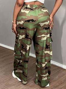 Slaydiva Plus Size Summer Casual Sports Simple Street Cargo Three-Dimensional Pocket Camouflage Wide-Leg Pants Women's Pants