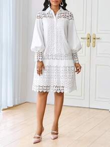 SHEIN Lady 春夏休闲优雅工作白色撞色蕾丝衬衫裙束腰连衣裙中长款女士连衣裙 - 白色 - 查看 9
