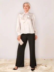 SHEIN LUNE Women's Elegant Leopard Print Jacquard Tie Collar Shirt, Spring Autumn - Apricot - View 3