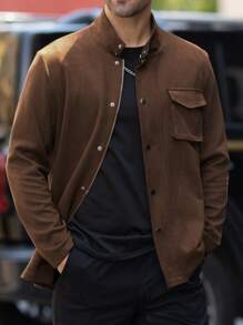 Manfinity Homme Jaqueta casual masculina de manga longa com cor sólida e bolsos, para primavera e outono