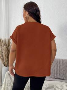 SHEIN LUNE Plus Size Solid Color Round Neck Short Sleeve Casual Top - Rust Brown - View 6