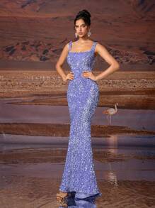 AOSHABABI <Kiểu dáng cổ điển vượt thời gian, tái hiện vẻ thanh lịch của thời đại Herben> Đầm dạ hội dáng đuôi cá bằng nhung đính sequin cổ vuông màu xám cổ điển, phù hợp cho mọi dịp trang trọng, dự đám cưới, lễ hội âm nhạc, tiệc tùng, dạ hội, hẹn hò, kỳ nghỉ, vũ hội và đầm phù dâu, đầm dự tiệc mùa xuân. - Màu tím - Xem 5