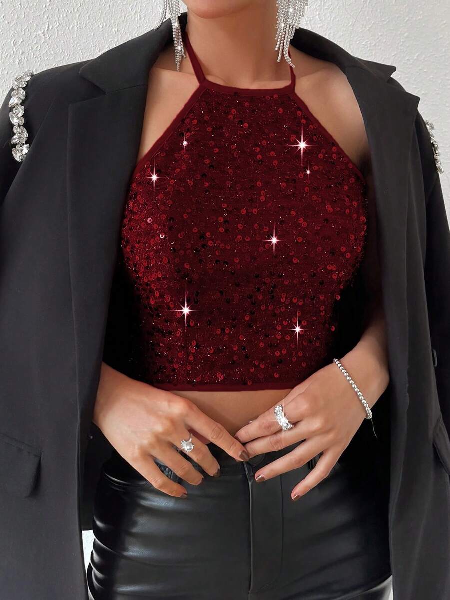 Allurite Top escotado por la espalda con lentejuelas sexy para fiesta de Año Nuevo y vacaciones de verano - Burdeos - Ver 1