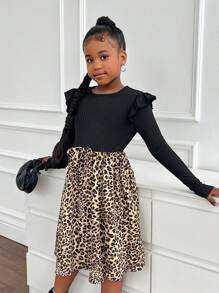 SHEIN Leap Crew 少女甜美荷叶边蝴蝶结拼接碎花长袖休闲连衣裙，适合居家和外出 - 黑色 - 查看 5