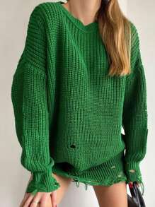 INAWLY Women's Casual Solid Color Distressed Sweater, Autumn