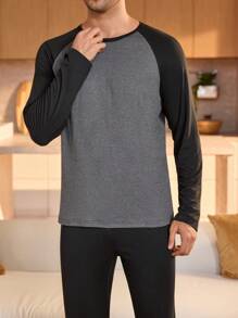 SHEIN 2 pezzi Set di abbigliamento da casa uomo con camicia a girocollo a maniche lunghe e pantaloni, tinta unita con inserti, per autunno e inverno - nero - Visualizzare 8