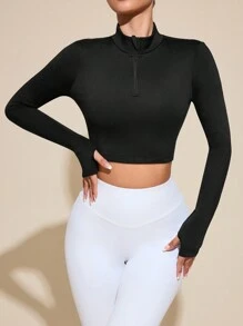 SHEIN Sports Yoga Basic Solid Fleece Warm Half-Zip Short Sports Sweatshirt With Thumb Hole - Black - View 7