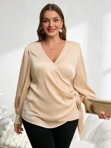 EMERY ROSE Plus Size Women Champagne Wrap Twist Lantern Sleeve Elegant Blouse,Fall Women Shirts,Long Sleeve Women Blouses