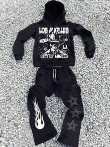 PAVTROS Conjunto con sudadera negra con capucha para hombres y jóvenes con diseño de calavera, llamas y estrellas, ropa de dos piezas para hombres, ropa de Halloween - Negro - Ver 1