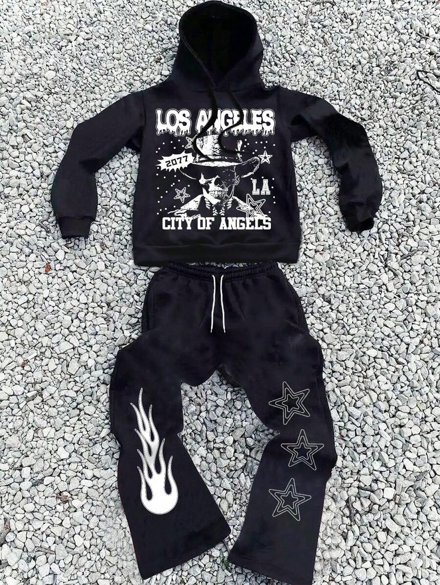 PAVTROS Conjunto con sudadera negra con capucha para hombres y jóvenes con diseño de calavera, llamas y estrellas, ropa de dos piezas para hombres, ropa de Halloween - Negro - Ver 1