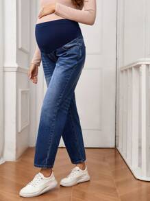 SHEIN Maternity Contrast Patchwork Straight Leg Jeans - Medium Wash - View 4