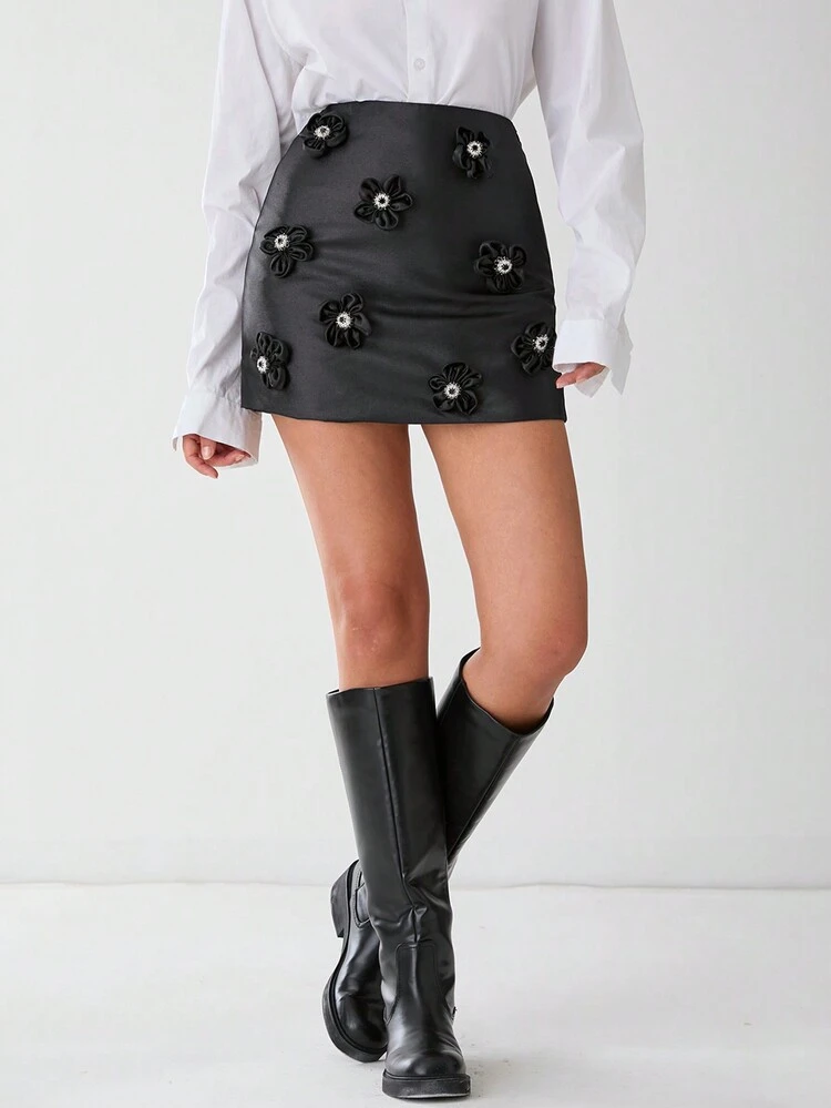 Fall Winter Women's Floral 3D Decor Short A-Line Skirt, Winter Skirt, Fall Winter Women's Clothing, Fall Women Outfits, Winter Clothes, Christmas Women Clothes