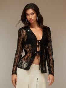 SURIMA Women's Black Rhinestone Lace Sheer Halter Blazer Jacket, Long Sleeve Sexy Club Tops