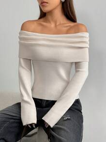 Flirla Women's Solid Color Off-Shoulder Long Sleeve Fitted Sweater, Autumn/Winter, Knit Pullover Fall - Beige - View 4
