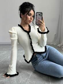 Chiquease New V-Neck Puff Sleeve Long Sleeve Elegant Knitted Button Up Sweater For Women, Fall Winter - Beige - View 1