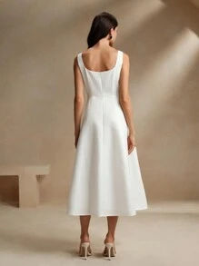 Anewsta French Style White Square Neck Camisole A-Line Waisted Slim Dress Maxi Women Outfit - White - View 2