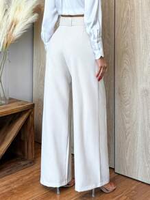 RueChic Pantalones rectos de cintura alta de unicolor para mujer con detalle de cinturón - Beis - Ver 2