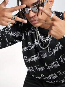 Manfinity VCAY Men's English Text Round Neck Long Sleeve Sweater, For Fall Winter - Black and White - View 4