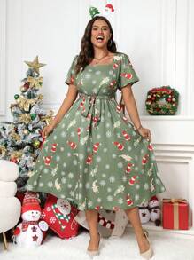 SHEIN LUNE Plus Size Feminino Verão Neve Floral Estampa Gola Quadrada Manga Curta Maxi Vestido Casual - Verde - Ver 4