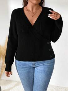 SHEIN LUNE Plus Size Women's Solid Color V-Neck Long Sleeve Casual Pullover Sweater, Fall & Winter Knit Pullover
