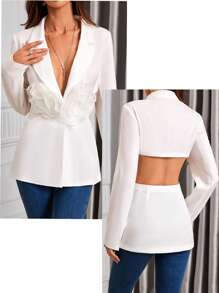 SHEIN Clasi Solid Color Lapel Neck Long Sleeve 3D Floral Decor Casual Blazer Fall Cloth For Women - White - View 1