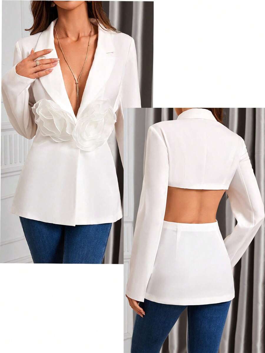 SHEIN Clasi Solid Color Lapel Neck Long Sleeve 3D Floral Decor Casual Blazer Fall Cloth For Women - White - View 1