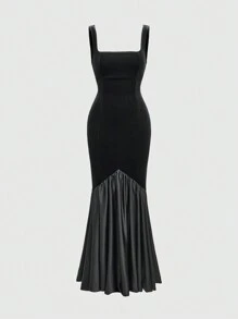 ROMWE Goth Vestido de fiesta gótico largo, sexy, sin espalda, estilo trompeta sirena, vestido de bola para mujer - Negro - Ver 1