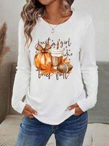 INAWLY Áo thun tay dài in hình quả bí ngô Halloween dành cho nữ, áo thu - trắng - Xem 1