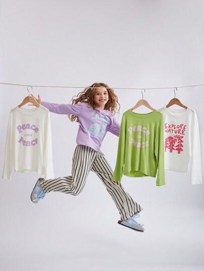 2 piezas/Set Camiseta de manga larga con estampado de "Paz y Amor" para niñas, adecuado para el Día Internacional de la Paz