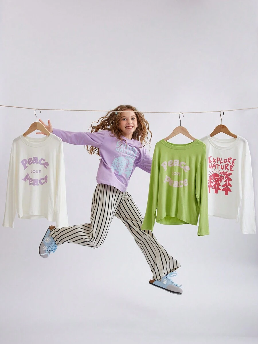 2 件/套女孩“和平与爱”印花套头长袖 T 恤，适合国际和平日 - 彩色 - 查看 1