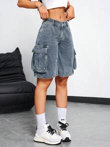 SHEIN EZwear 夏季休闲牛仔工装短裤 - 深色水洗藍 - 查看 4