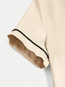 2 件套青少年女孩休闲优雅缎面短袖衬衫和裤子 - 杏色 - 查看 7