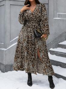 SHEIN Clasi 大码 V 领长袖休闲豹纹优雅连衣裙 - 棕色 - 查看 5