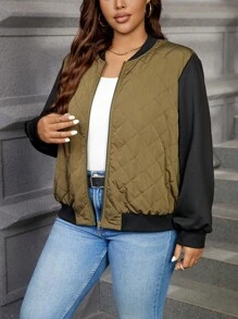 SHEIN Essnce Plus Size Women Color Block Loose Casual Fashion Green Jacket