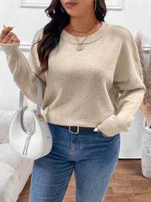 SHEIN Frenchy Plus Size Round Neck Lace-Up Back Long Sleeve Casual Plain Pullover Sweater - Khaki - View 6