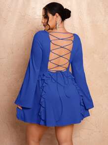 SHEIN BAE Plus Size Women Royal Blue,Autumn,Girlism,Night Out Club Summer Mini Dress,Backless Tie-Back Long Sleeve Casual Party Beach Holiday Ruffle Hem - Royal Blue - View 1