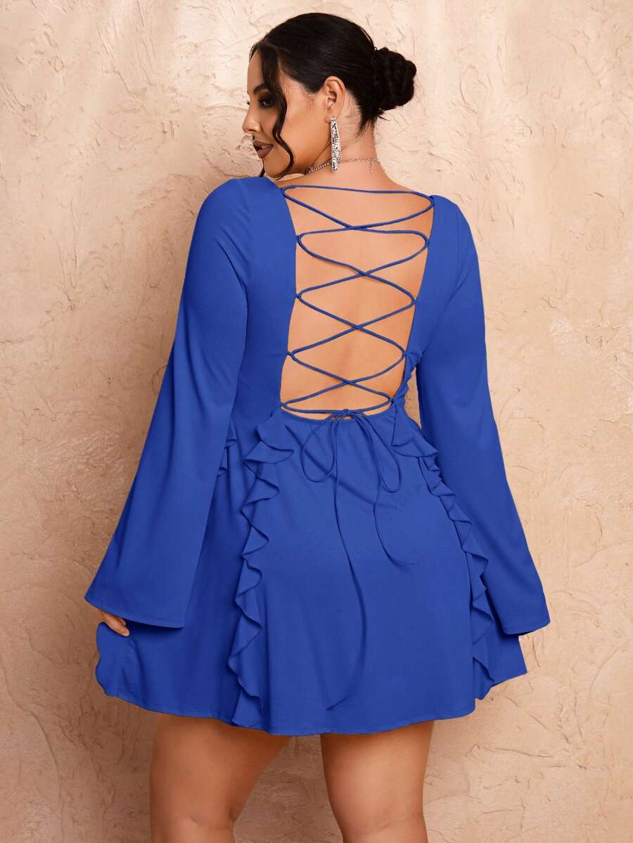 SHEIN BAE Plus Size Women Royal Blue,Autumn,Girlism,Night Out Club Summer Mini Dress,Backless Tie-Back Long Sleeve Casual Party Beach Holiday Ruffle Hem - Royal Blue - View 1