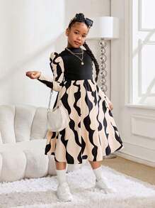 SHEIN Tween Girl 针织坑条几何图案羊腿袖长袖连衣裙中长款连衣裙适合秋冬季