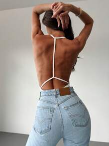 Aloruh Minimalist Commuting Young Lady Strappy Open Back Fitted Bodysuit In Apricot - White - View 1