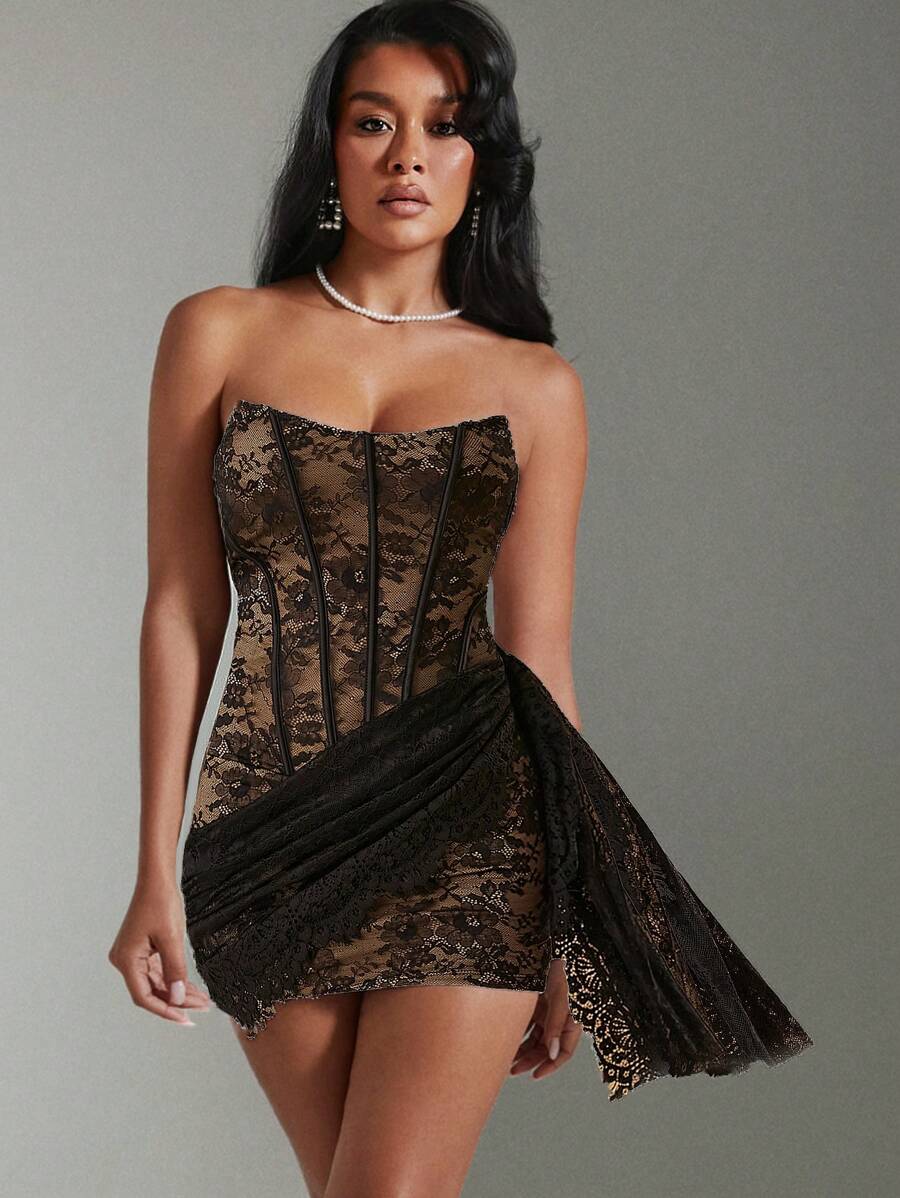 Hauture Vestido Mini de Festa com Corpete de Renda e Sobreposição Assimétrica - Preto - Visão 1