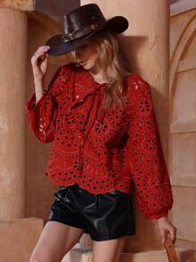 Aveloria Random Embroidery Solid Color Hollow Out Casual Long Sleeve Shirt - Rust Brown - View 4