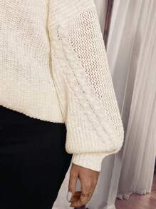 SHEIN VCAY Plus Size V-Neck White Sweater With Special Textured Yarn,Floral Knit Sleeve,Autumn Smart Casual Everyday Elegant Woman Clothing For Winter,Parties - White - View 3